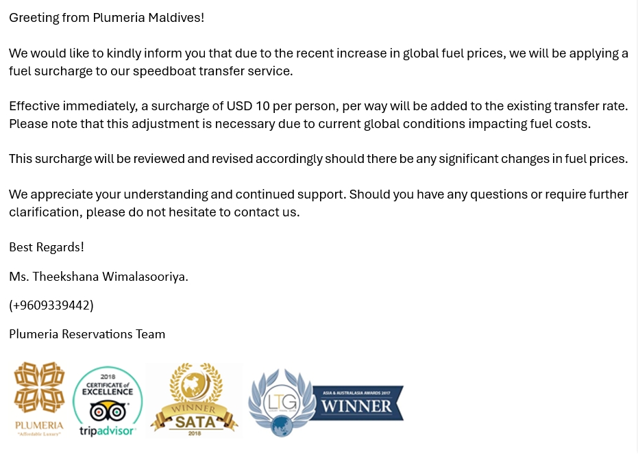 【重要公告】馬爾地夫旅遊行程費用調漲說明 2 PL 漲價公告